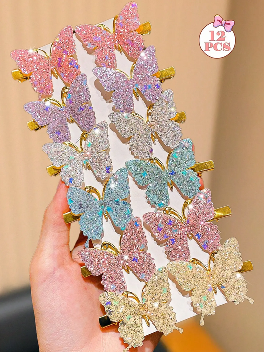 12pcs Colorful Shiny Butterfly Hair Clips, Hair Clip Set