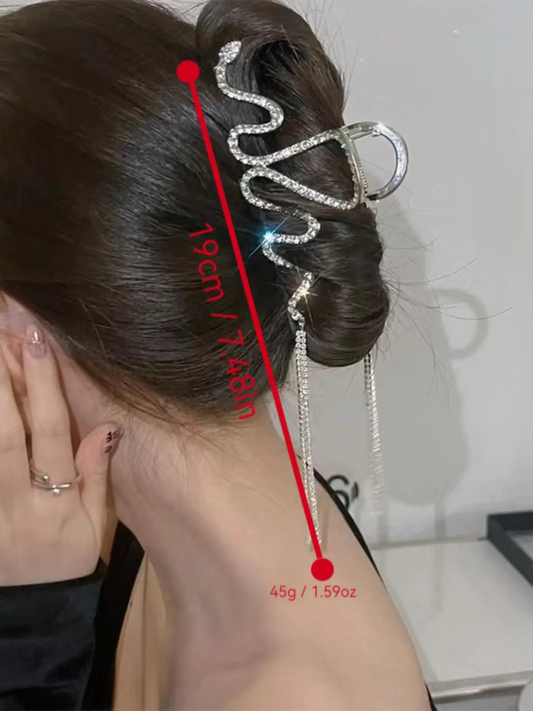 Irregular Wave Shape Design Hair Claw Clip, Rhinestone Decorated Tassel Hair Claw Clip
