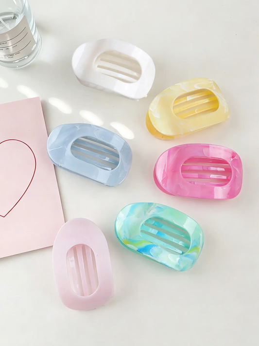 6pcs Sweet Marble Pattern Oval Duckbill Hair Clips, Flat Round Hair Claws