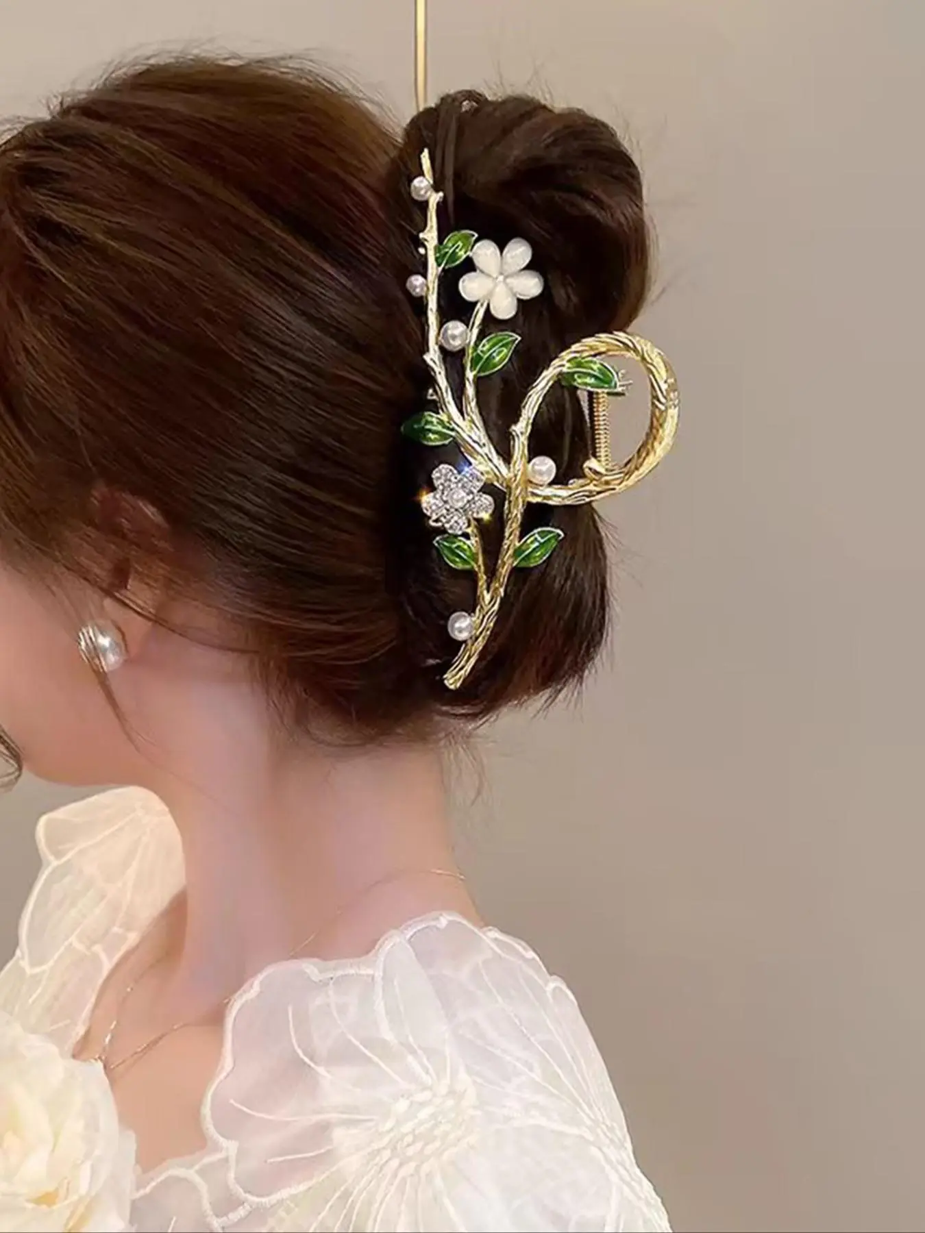 Women's Elegant Faux Pearl & Flower Decor Hair Claw, Exquisite Trendy Hair Claw