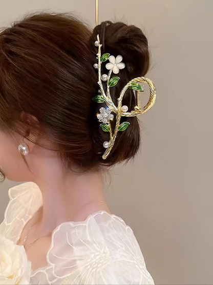Women's Elegant Faux Pearl & Flower Decor Hair Claw, Exquisite Trendy Hair Claw