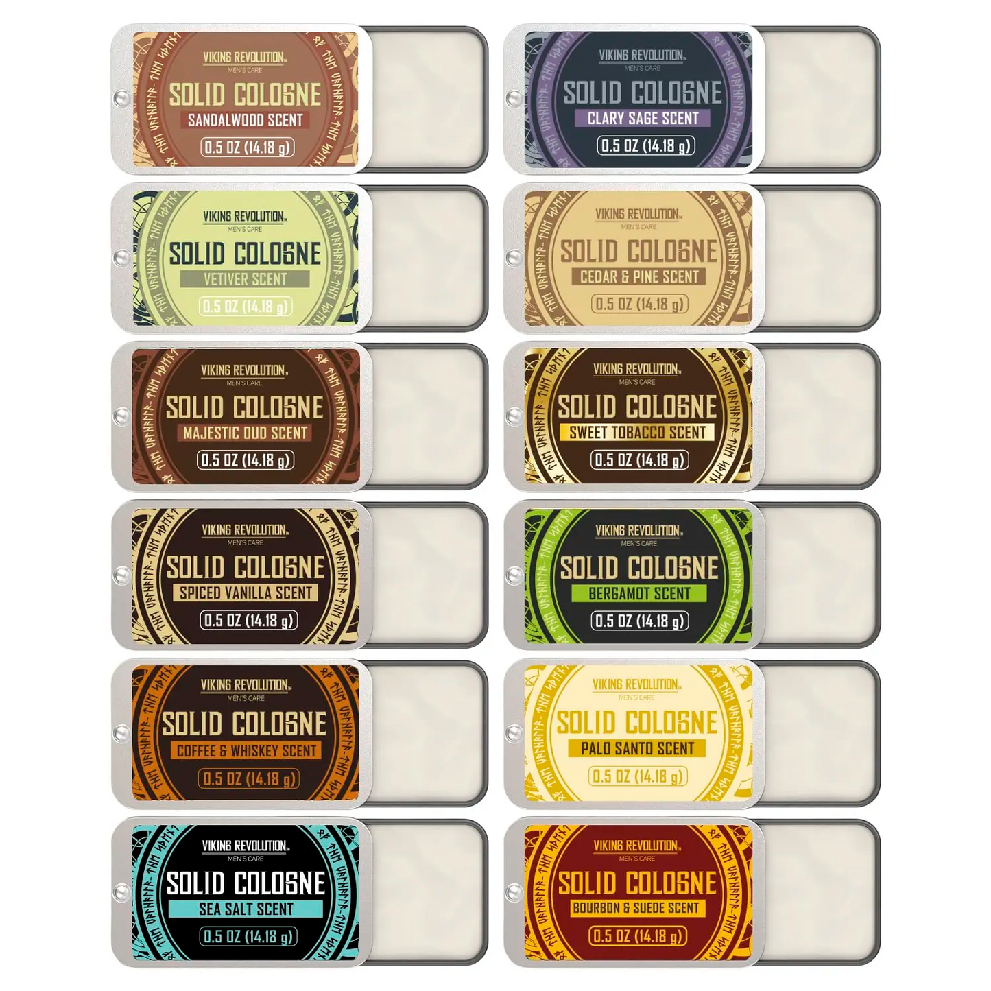 Solid Cologne for Men – 12-Scent Travel Tin Set | Alcohol-Free Balm | 0.5 oz Each
