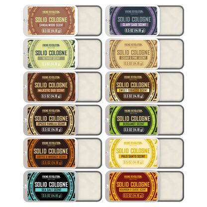 Solid Cologne for Men – 12-Scent Travel Tin Set | Alcohol-Free Balm | 0.5 oz Each