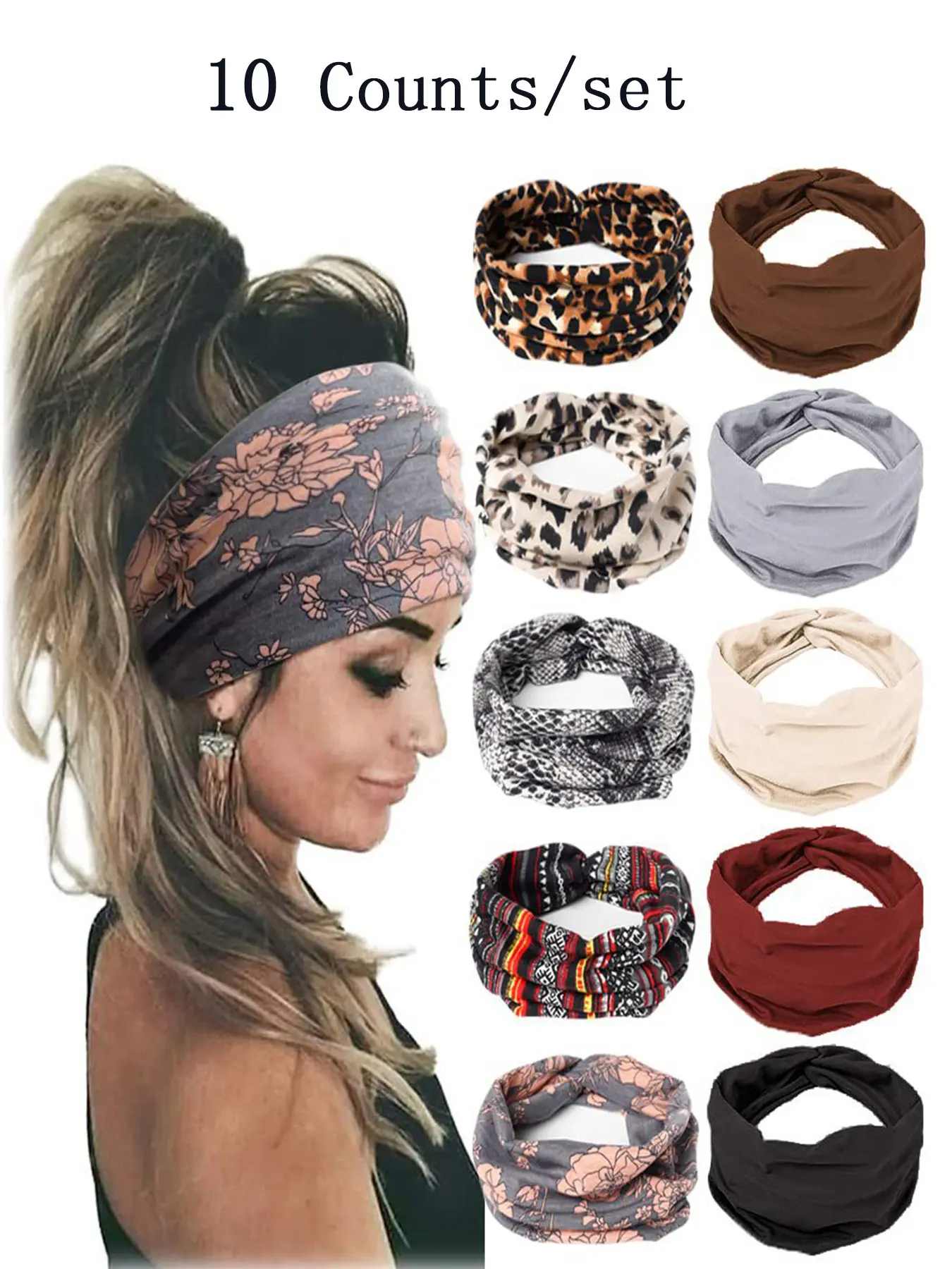 10pcs Boho Multicolor Printed Hairbands, Headband Set, Fashion Elastic Hair Bands