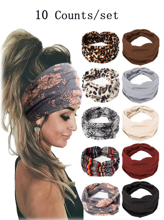 10pcs Boho Multicolor Printed Hairbands, Headband Set, Fashion Elastic Hair Bands