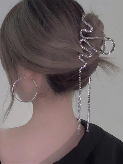 Irregular Wave Shape Design Hair Claw Clip, Rhinestone Decorated Tassel Hair Claw Clip