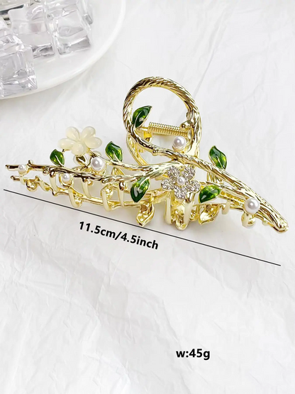 Women's Elegant Faux Pearl & Flower Decor Hair Claw, Exquisite Trendy Hair Claw
