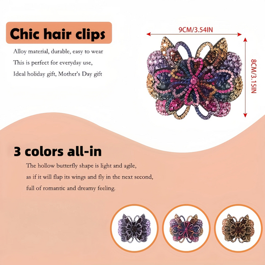 3 Pcs Vintage Crystal Rhinestone Flower Butterfly Hair Clip – Elegant Barrette for Women