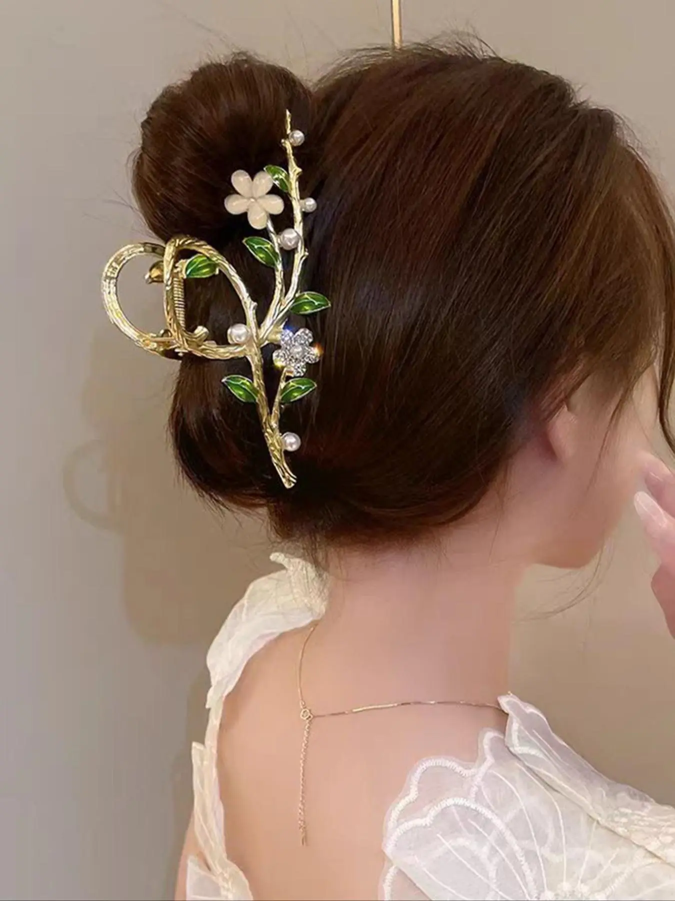 Women's Elegant Faux Pearl & Flower Decor Hair Claw, Exquisite Trendy Hair Claw