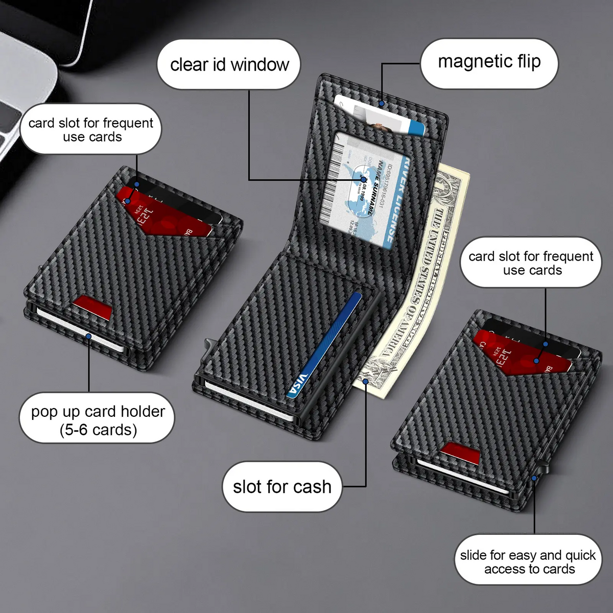 Men's RFID Minimalist Bifold Wallet with Pop-Up Card Holder & Money Clip