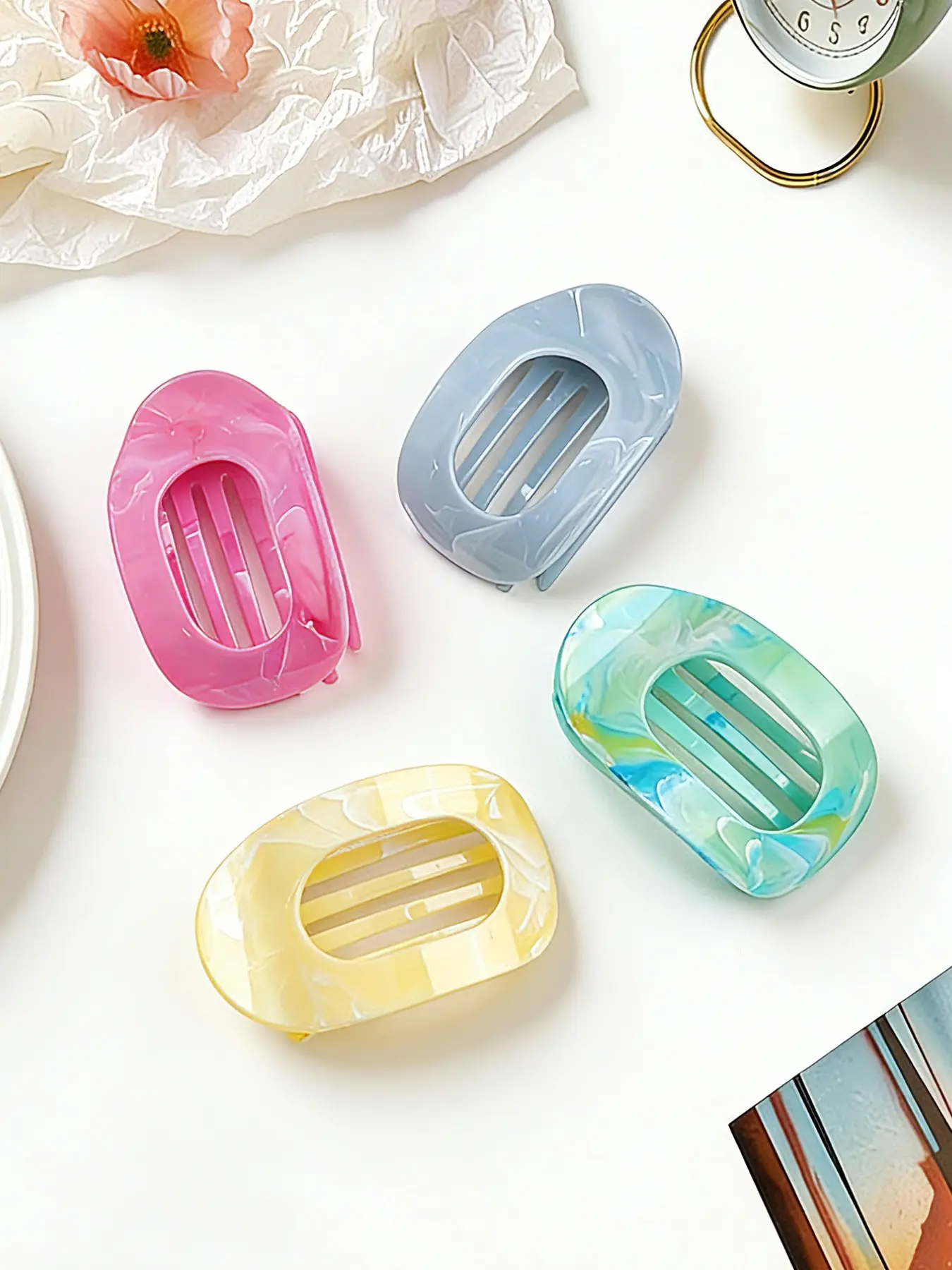 6pcs Sweet Marble Pattern Oval Duckbill Hair Clips, Flat Round Hair Claws
