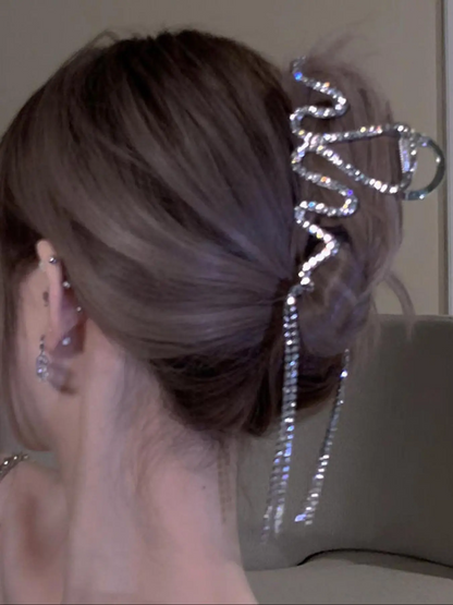 Irregular Wave Shape Design Hair Claw Clip, Rhinestone Decorated Tassel Hair Claw Clip