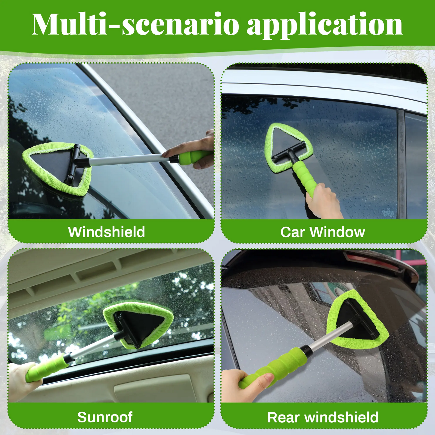 Windshield Cleaning Tool, Microfiber Car Window Cleaner with 4 Reusable and Washable Microfiber Pads and Extendable Handle