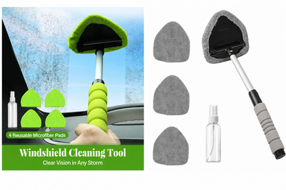 Windshield Cleaning Tool, Microfiber Car Window Cleaner with 4 Reusable and Washable Microfiber Pads and Extendable Handle