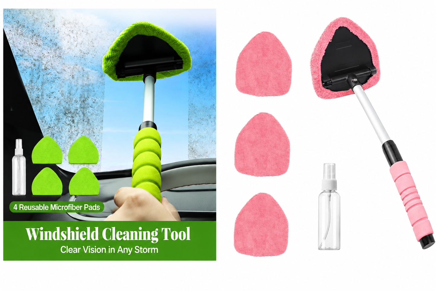 Windshield Cleaning Tool, Microfiber Car Window Cleaner with 4 Reusable and Washable Microfiber Pads and Extendable Handle