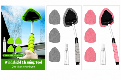 Windshield Cleaning Tool, Microfiber Car Window Cleaner with 4 Reusable and Washable Microfiber Pads and Extendable Handle